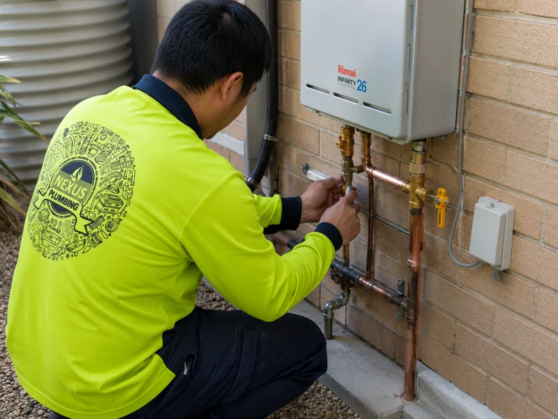Nexus Plumbing tradesperson working on pipework beneath a Rinnai hot water heater