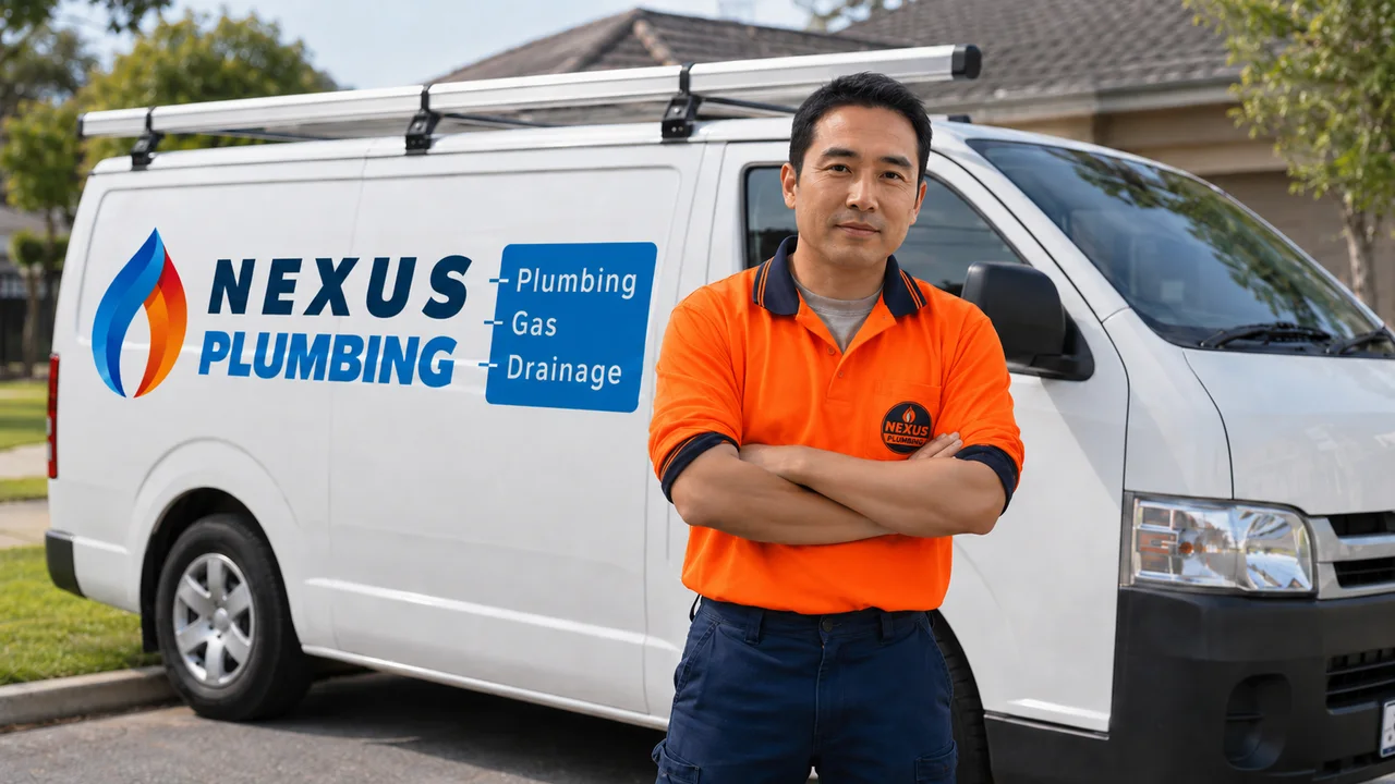 Plumber in a Nexus Plumbing uniform beside a branded service van