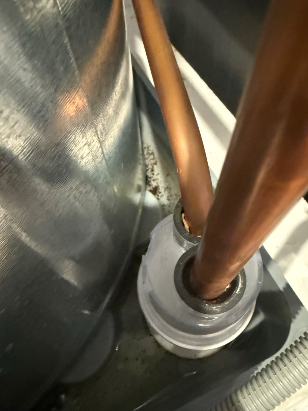 The tundish and drain connection at the base of a hot water cylinder