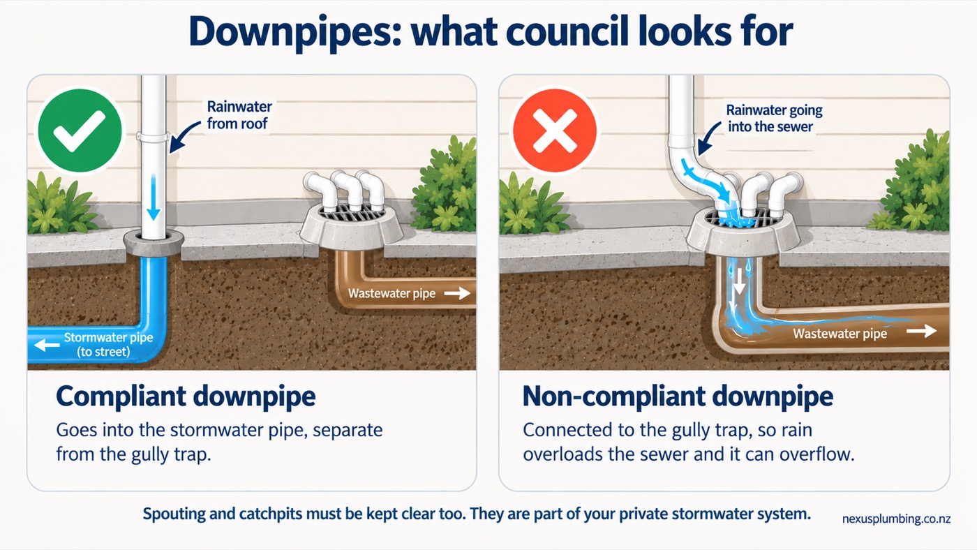 Compliant downpipe running into a separate stormwater pipe, next to a non-compliant downpipe connected to the gully trap so rainwater enters the wastewater pipe