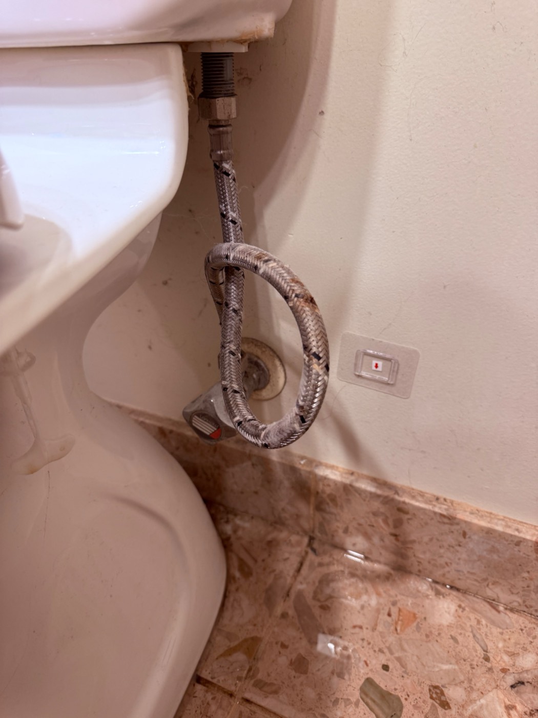A corroded flexible supply hose removed from behind a toilet