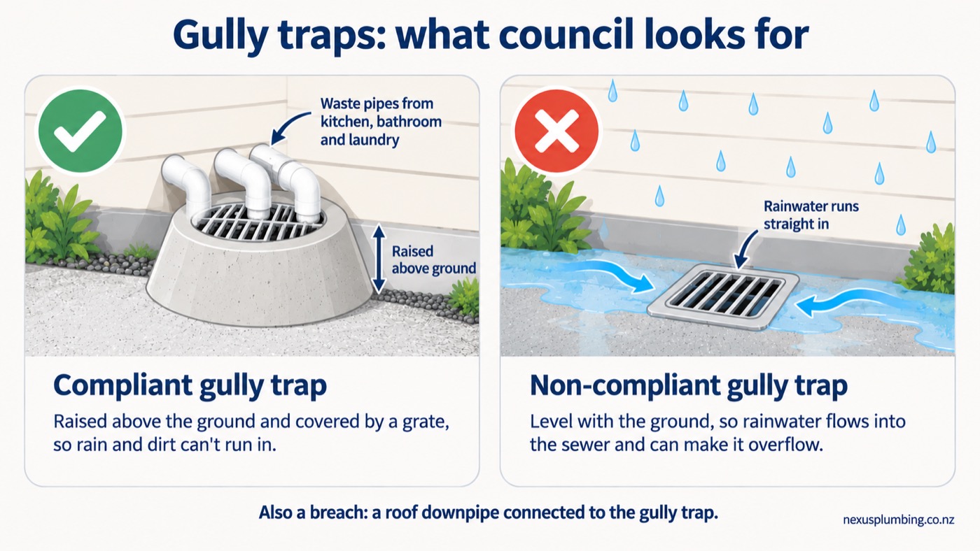 Compliant gully trap raised above the ground with waste pipes from the house, next to a non-compliant gully trap level with the ground where rainwater runs in