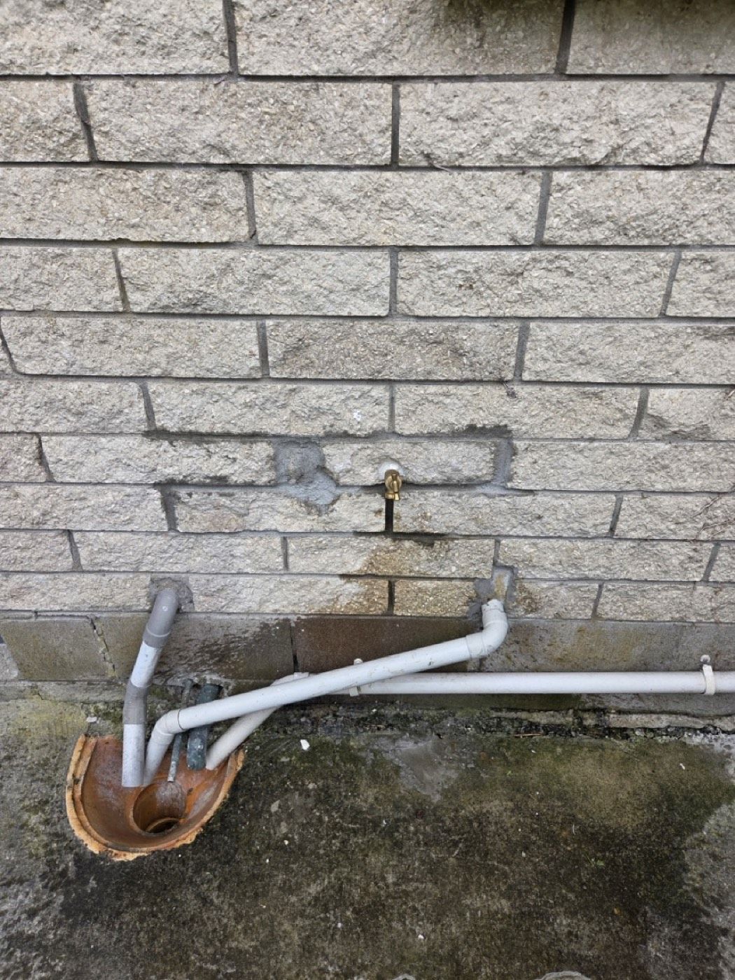 An outside hose tap mounted on a brick wall with the supply pipe running down to ground level