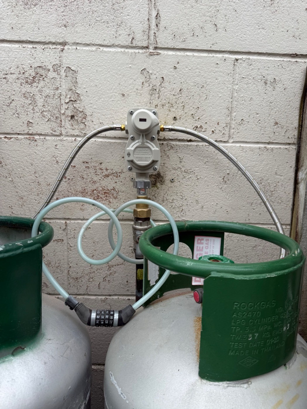The new automatic changeover valve fitted between two LPG bottles in Helensville