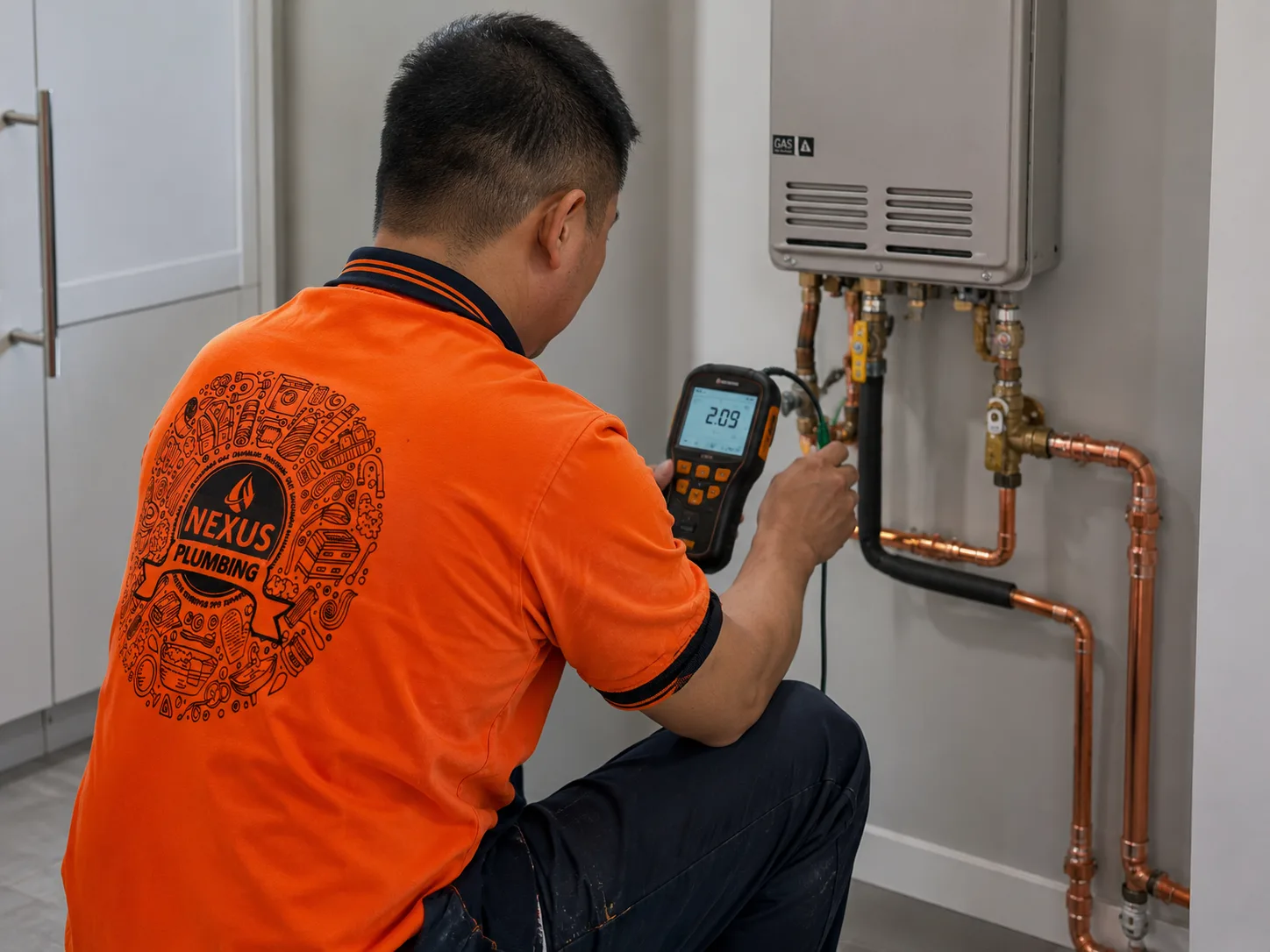 Nexus Plumbing tradesperson using a test instrument beside hot water pipework