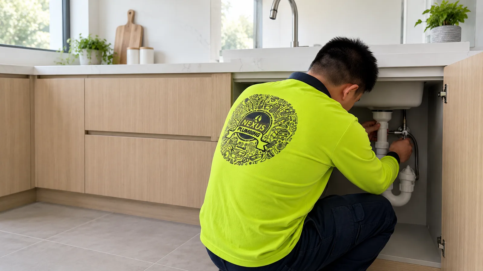 Nexus Plumbing tradesperson inspecting the pipework beneath a kitchen sink