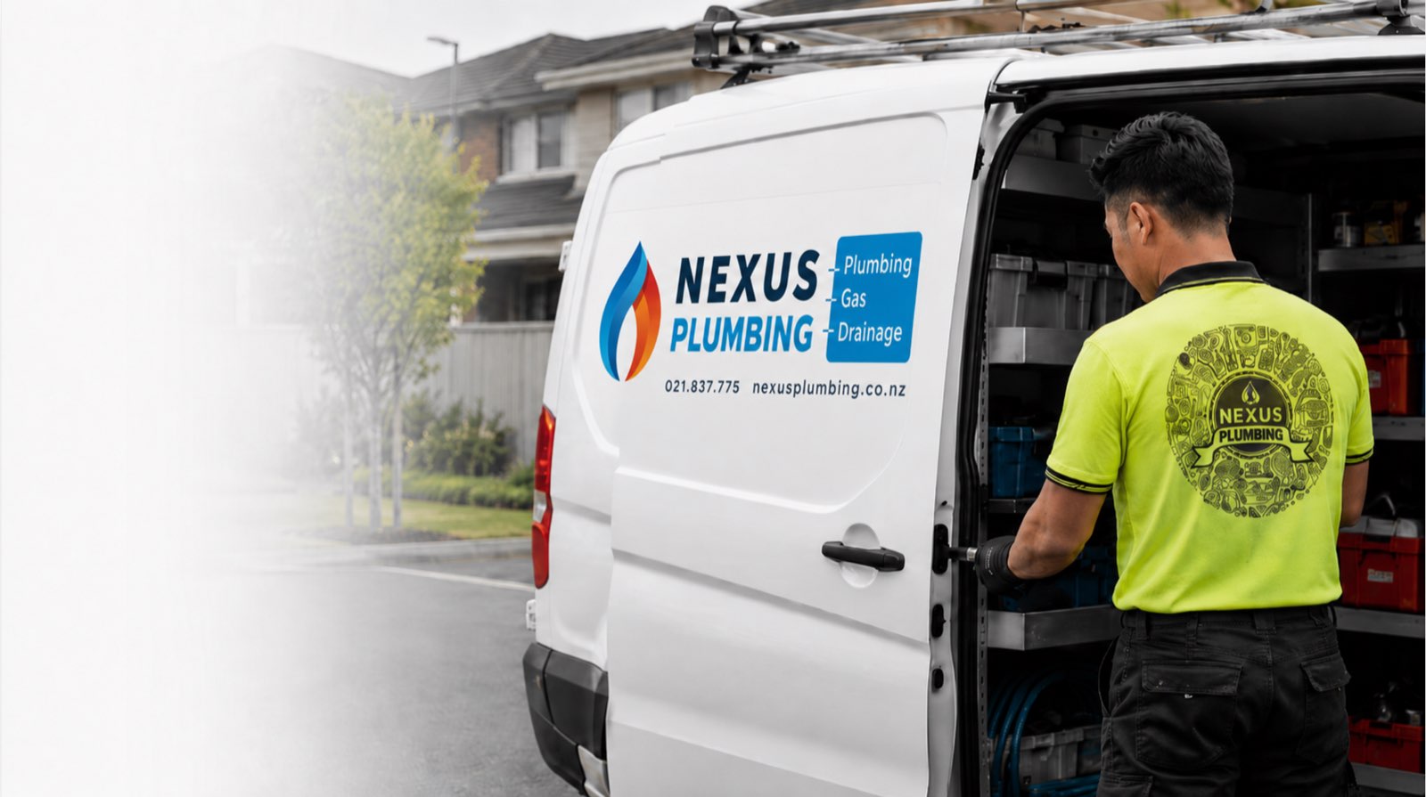 Nexus Plumbing tradesperson collecting equipment from a service van