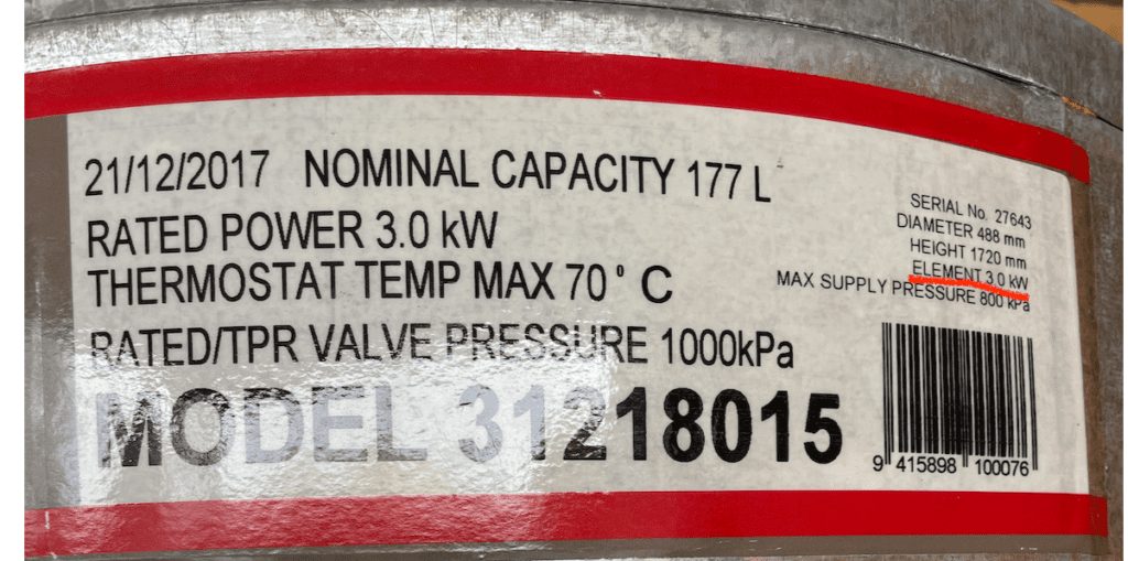 A hot water cylinder data plate showing capacity, rated power and TPR valve pressure