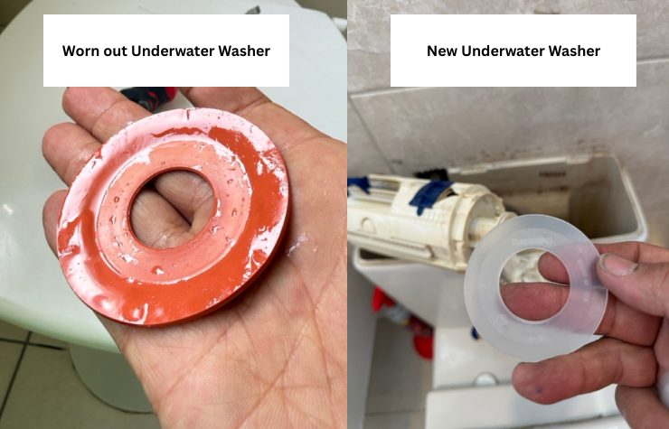 A worn cistern washer beside its replacement
