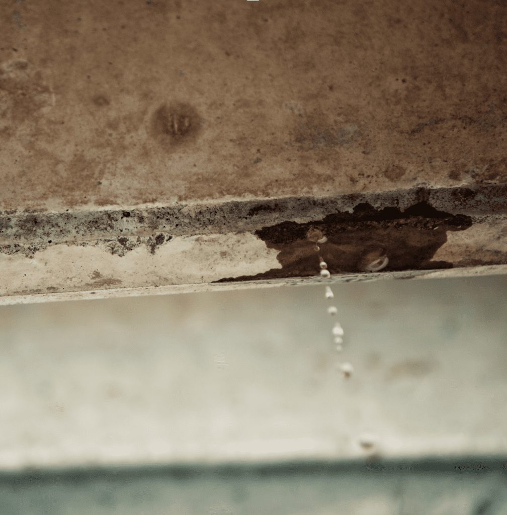 Water dripping down framing inside an opened wall cavity